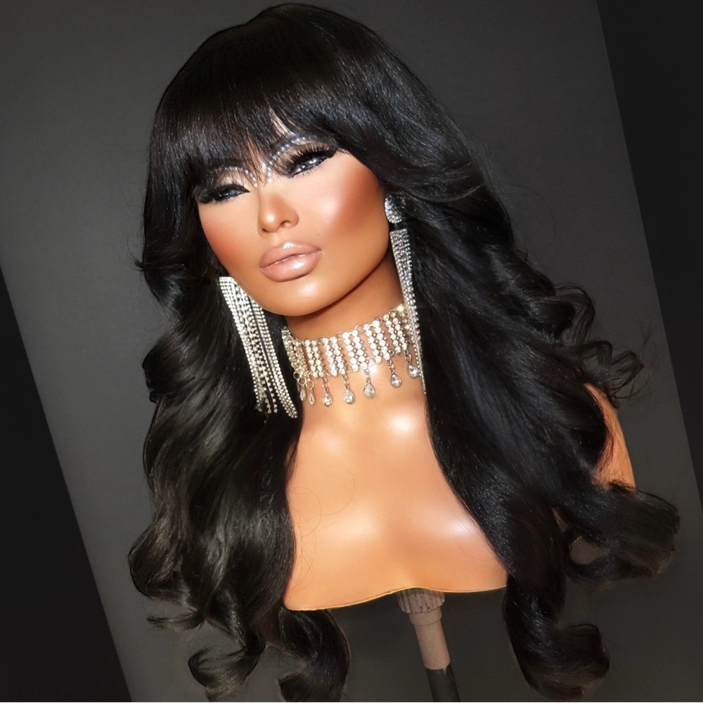 Jet Black Long Curly Yaki Bang Wig Full Cap Glueless Women’s Wig